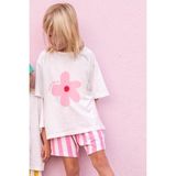 Kız Çocuk Pamuklu Bisiklet Yaka Çiçek Baskılı Tshirt Çizgili Şort Alt Üst Takım - Açık Pembe - Beyaz - 2 - 3 Yaş