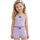 Kız Çocuk Pamuklu Fiyonklu Askılı Şortlu Pijama Takımı Lila