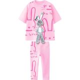 Kız Çocuk Pamuklu Kumaş 3 Boyutlu Peluş Tavşan Detaylı Tshirt Tayt Alt Üst Takım - Pembe - 5 - 6 Yaş