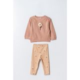 Kız Çocuk Pamuklu Pembe Çiçek Desenli Ikili Takım - Sweatshirt ve Tayt - 2 - 3 Yaş