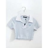 Kız Çocuk Pamuklu Polo Yaka Çizgili Crop Bluz (Beyaz)