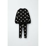 Kız Çocuk Pamuklu Siyah Puantiye Desenli Sweatshirt Tayt Alt-Üst Takım - 2 - 3 Yaş