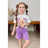 Kız Çocuk Papatya ve The Beauty Yazı Baskılı Penye T-Shirt Lila Şortlu Takım - 7 - 8 Yaş