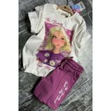 Kız Çocuk Papatya ve The Beauty Yazı Baskılı Penye T-Shirt Mor Şortlu Takım - 6 - 7 Yaş