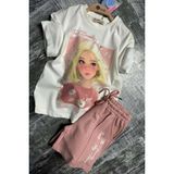 Kız Çocuk Papatya ve The Beauty Yazı Baskılı Penye T-Shirt Pudra Şortlu Takım - 3 - 4 Yaş