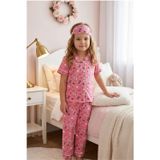 Kız Çocuk Pembe Düğmeli Pijama Takımı Yazlık Pamuklu Kısa Kollu Uyku Bantlı
