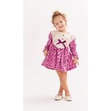 Kız Çocuk Pembe Leopar Desenli Yaka Dantel Detaylı Uzun Kollu Bayramlık Elbise - 01P-Pembe - 7 - 8 Yaş