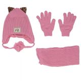 Kız Çocuk Pembe Leopar Kulaklı Lovers Yazılı Atkı Bere Takımı 4-8 Yaş