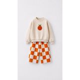 Kız Çocuk Portakal Nakışlı Sweatshirt Turuncu Ekose Bol Paça Pantolon 2’li Takım - 3 - 4 Yaş - 002-Krem