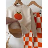Kız Çocuk Portakal Nakışlı Sweatshirt Turuncu Ekose Bol Paça Pantolon 2’li Takım - 4 Yaş - 002-Krem