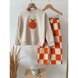 Kız Çocuk Portakal Nakışlı Sweatshirt Turuncu Ekose Bol Paça Pantolon 2’li Takım - 5 - 6 Yaş - 002-Krem