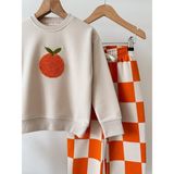 Kız Çocuk Portakal Nakışlı Sweatshirt Turuncu Ekose Bol Paça Pantolon 2’li Takım - 7 - 8 Yaş - 002-Krem