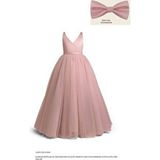 Kız Çocuk Pudra Anvelop Abiye Elbise Doğum Günü İçin Kişiye Özel Dikim V Yaka Slim Fit - Pembe