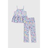 Kız Çocuk Renkli Çiçek Desenli Yazlık Askılı Bluz & Pantolon Ikili Takım - 3 - 4 Yaş - Bebe Mavisi