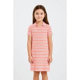 Kız Çocuk Renkli Çizgili Polo Yaka Triko Yazlık Mini, Midi Elbise - Pembe - 14 Yaş