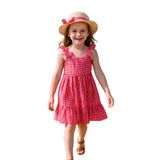 KIZ ÇOCUK ŞAPKALI ELBİSE KARELİ FİYONKLU B33 PEMBE 3 Yaş
