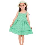 KIZ ÇOCUK ŞAPKALI ELBİSE KARELİ FİYONKLU B33 YEŞİL 7 Yaş