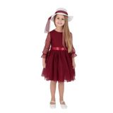 Kız Çocuk Şapkalı Ve Tül Dantel Trend Abiye Elbise Ak2228, BORDO, 3 Yaş