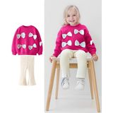 Kız Çocuk Saten Kurdele Işlemeli Son Moda 3 Iplik Sweatshirt ve Tayt Alt Üst Takım Yeni Sezon - 3 - 4 Yaş - 01P-Pembe