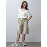 Kız Çocuk Şeritli Oversize Tasarım Şortlu Takım - Ekru - Haki - 10 - 11 Yaş