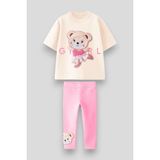 Kız Çocuk Sevimli Balerin Pembe Ayıcık T-Shirt ve Tayt Takım 3D Kabartma Aplike Nakış Baskılı