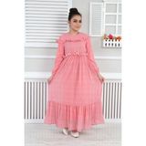 Kız Çocuk Şifon Kumaş Desenli Astarlı Bel Lastikli Uzun Kol Elbise-ELB-0030 - Pembe - 15 - 16 Yaş
