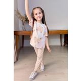 Kız Çocuk Simli Kelebek Baskı Bisiklet Yaka T-Shirt Bej Eşofman Takım