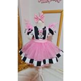 Kız Çocuk Siyah Beyaz Çizgili Minnie Miki Mouse Detaylı Tüllü Kabarık Elbise - 1 - 2 Yaş - Siyah - Beyaz - Pembe