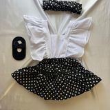 Kız Çocuk Siyah Puantiye Salopet Bandana ve Babet Çorap Set - Siyah - Beyaz - 9 - 12 Ay