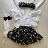 Kız Çocuk Siyah Puantiye Salopet Bandana ve Kalp Keçeli Çorap Set - 6 - 9 Ay