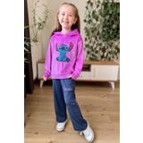 Kız Çocuk Stitch Karakter Baskılı Pullu Sweatshirt Mor Kadife Eşofman Takım