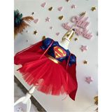 Kız Çocuk Super Girl Pelerinli Kabarık Kostüm Elbise - 1 - 2 Yaş - Kırmızı