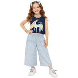Kız Çocuk Takım İkili Unicorn Penye T-shirt Dokuma Geniş Paça Pantolon Yazlık 4-10 Yaş