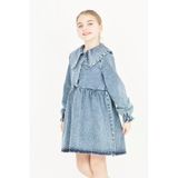 Kız Çocuk Taş Süslemeli Ve Geniş Yakalı Jean Elbise 12453