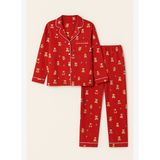 Kız Çocuk Teddy Desenli Pijama Takımı Kırmızı