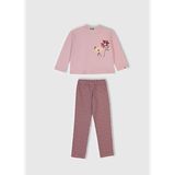 Kız Çocuk Toz Pembe-Mor Üstü Baskılı Cep Detaylı Altı Desenli Slim Fit Pijama Takımı
