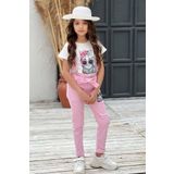 Kız Çocuk Üzeri Digital Baskılı T-shirt Yırtmaç ve Kedi Detaylı Pembe Jean Salopet Takım