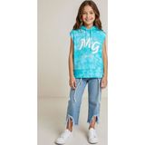 Kız Çocuk üzeri MG Yazı ve Yaprak Detaylı Kapüşonlu Kolsuz Turkuaz Sweatshirt