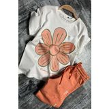 Kız Çocuk Üzeri Papatya Baskılı T-Shirt Çift Cepli Lastikli Turuncu Pijama Takımı