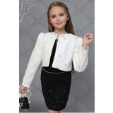 Kiz Cocuk Uzeri Tas Islemeli Etek Askili Penye Bluz Ve Beyaz Blazer Ceket Etekli Takim