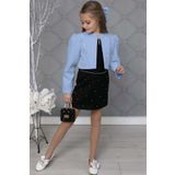 Kiz Cocuk Uzeri Tas Islemeli Etek Askili Penye Bluz Ve Mavi Blazer Ceket Etekli Takim