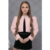 Kiz Cocuk Uzeri Tas Islemeli Etek Askili Penye Bluz Ve Pudra Blazer Ceket Etekli Takim