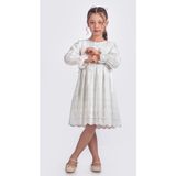 Kız Çocuk Uzun Kollu Kolları Lastikli Beli İkili Kurdele Sutaşı Detaylı Elbise ELB.Y2685 - Beyaz - 8 - 9 Yaş
