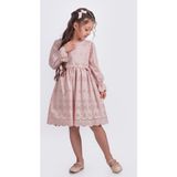 Kız Çocuk Uzun Kollu Kolları Lastikli Beli İkili Kurdele Sutaşı Detaylı Elbise ELB.Y2685 - Pembe - 6 - 7 Yaş