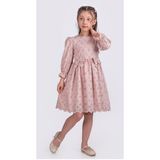 Kız Çocuk Uzun Kollu Kolları Lastikli Gupürlü Kurdele Detaylı Elbise ELB.2774 - Pembe - 8 - 9 Yaş