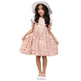 Kız Çocuk Vintage Pudra Çiçekli Fisto Yakalı Poplin Elbise (Pudra, 6-7 Yaş)