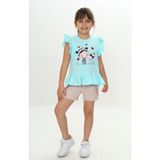 Kız Çocuk Yazlık Tişört &şort Takım Kız ve Kedi Desenli - Yeşil - 4 Yaş