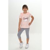 Kız Çocuk Yazlık Tişört &tayt Takım Fırfırlı Gözlüklü Kedi Desenli - Pudra - 7 Yaş