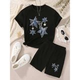 Kız Çocuk Yıldız Baskılı T-Shirt - Şort Takım - 4 Yaş - Siyah