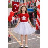 Kız Çocuk Yıldız Desenli Kırmızı Tişört Beyaz Tül Etek Takım Okul Bayram Etkinlik 5-13 Yaş